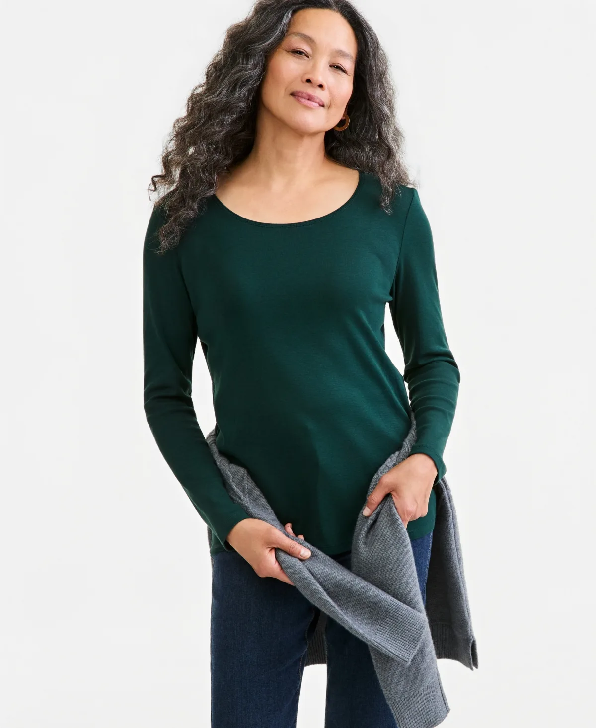 Scoop-Neck Long-Sleeve Cotton Top