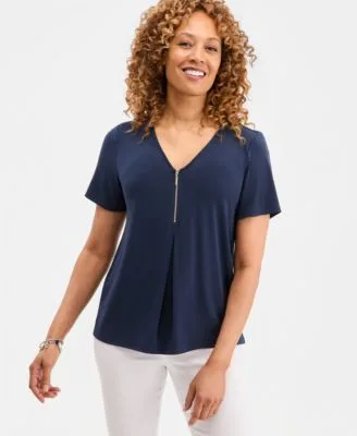 V Neck Front Zip Pleated Top by JM Collection