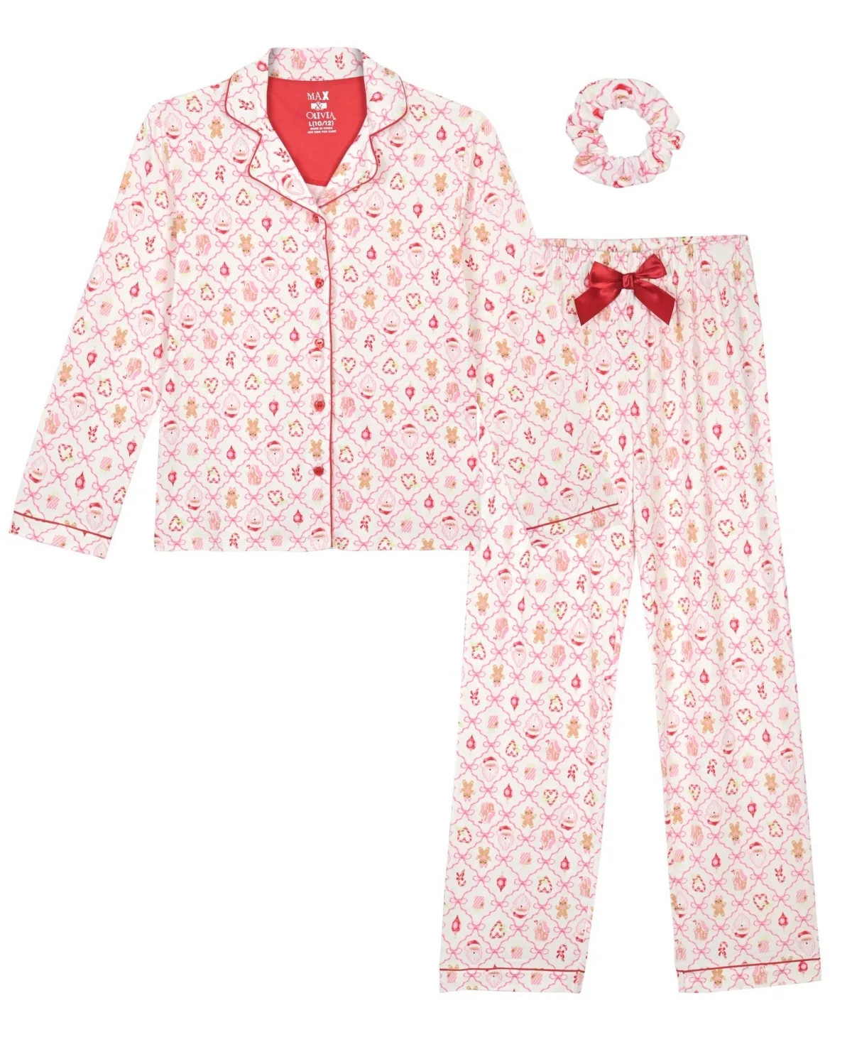 Milky Print Long-Sleeve Button-Down Top, Pants and Scrunchie, 3-Piece Set by Max & Olivia