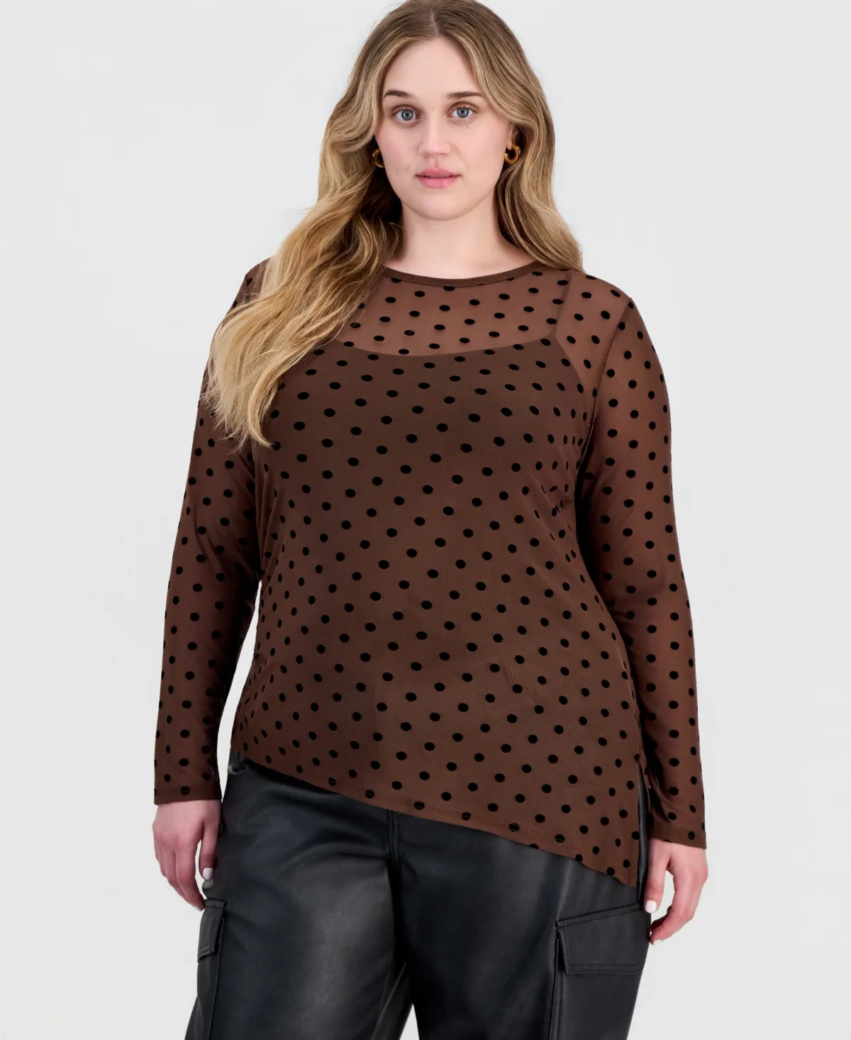 Long-Sleeve Crewneck Flocked Mesh Top by Full Circle Trends
