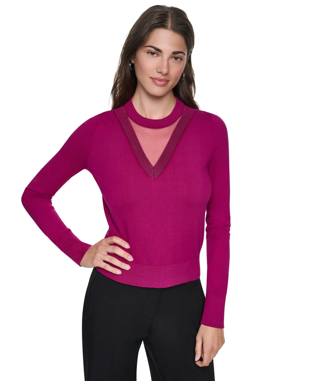 Double V-Neck Mesh Window Detail Long-Sleeve Pullover by DKNY