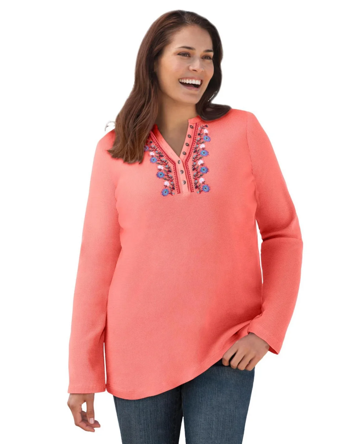 Embroidered Thermal Henley Tee by Woman Within
