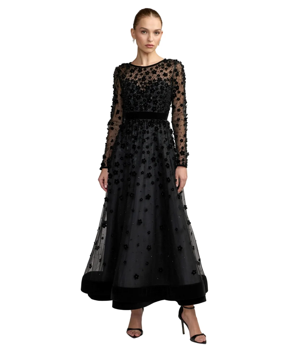 Mac Duggal Embellished Floral Tulle Long-Sleeve A-Line Gown by M.A.C.