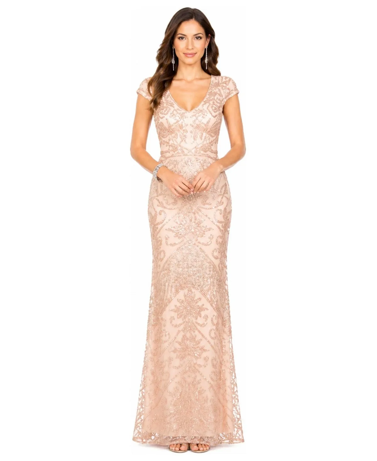 Cap-Sleeve Beaded Fringe Gown