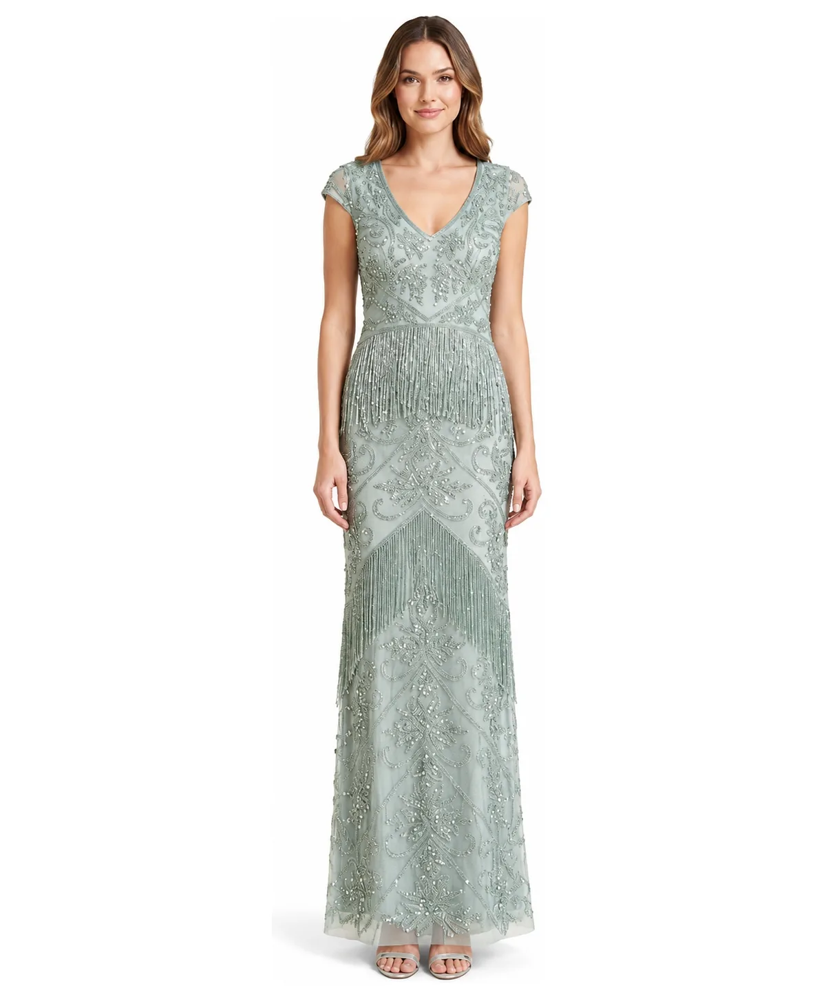 Cap-Sleeve Beaded Fringe Gown