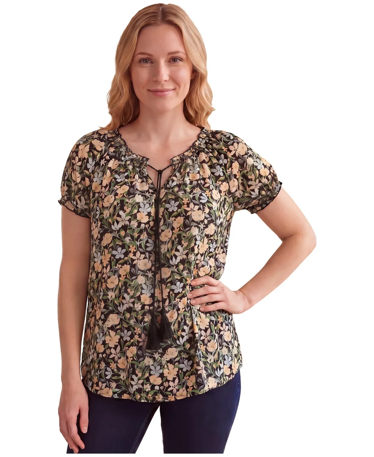 A-Line Scoop Neck Ruffle Trim 100% Cotton Cambric Peasant Blouse by Ellos