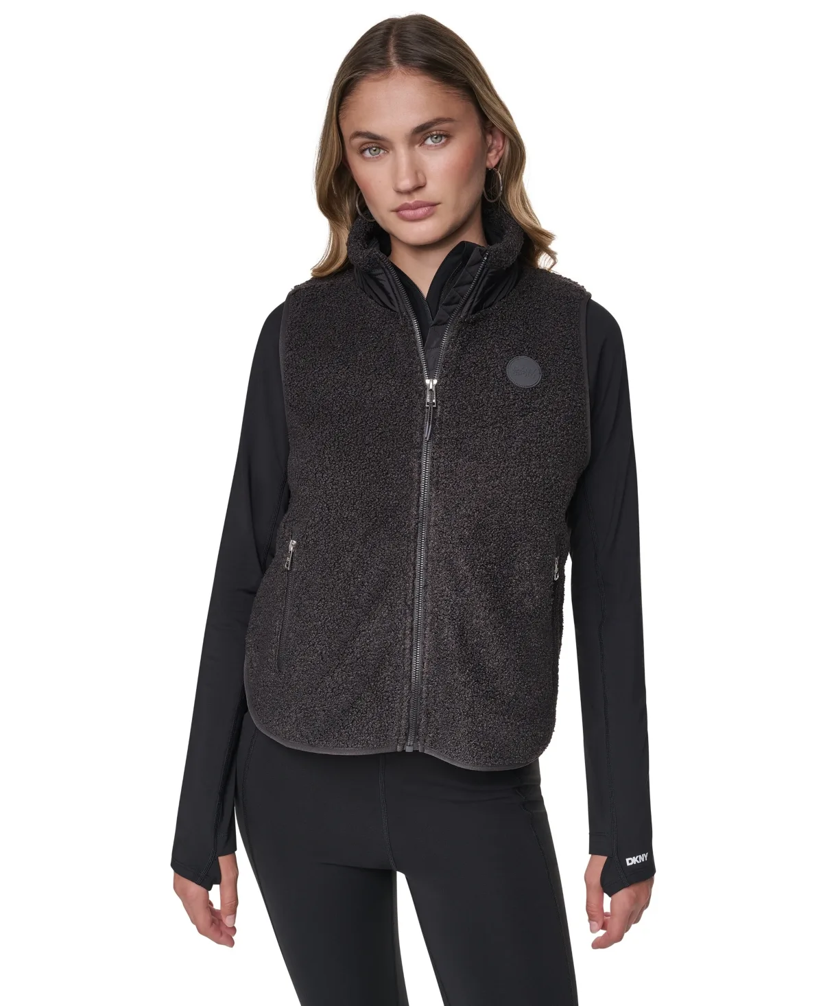 Sherpa Mock-Neck Jacket with Woven Piecing by DKNY