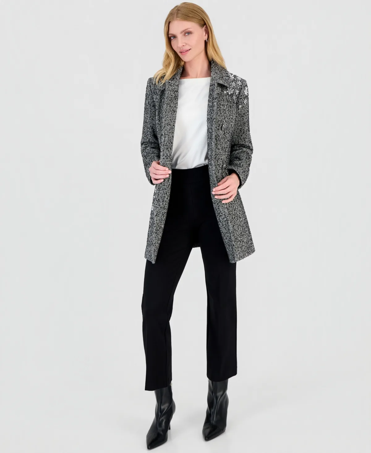 Floral Beaded Double-Breasted Coat by CeCe