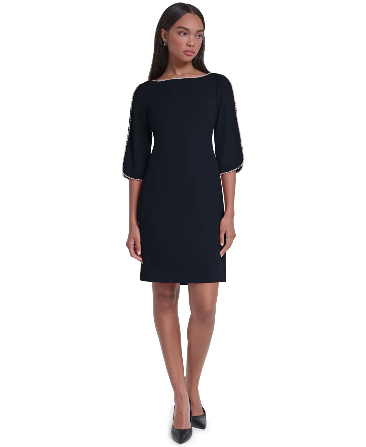 Scuba Crepe Pearl Framing Boat Neck Dress by Karl Lagerfeld
