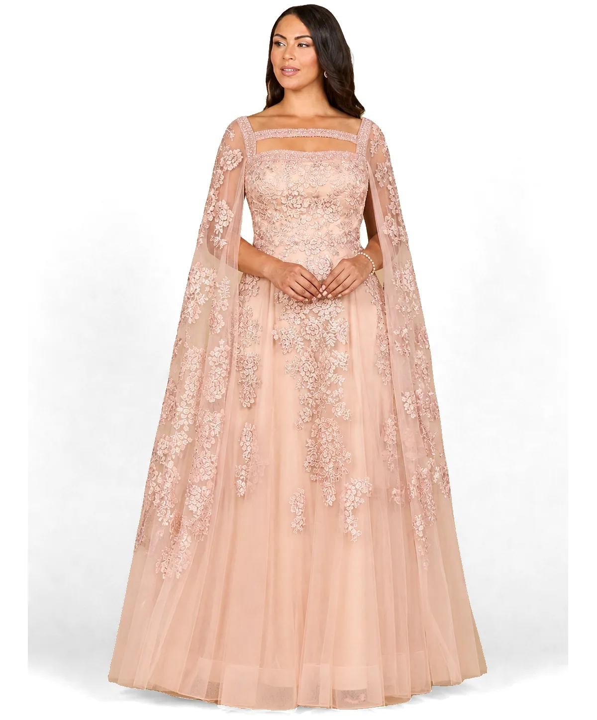Lace Gown with Long Cape Sleeves by Lara