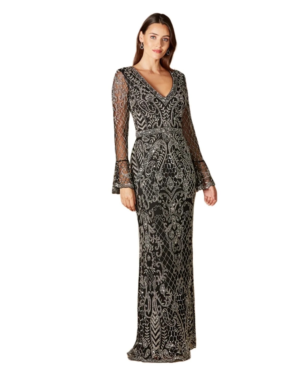 Long Bell Sleeve V-Neck Beaded Gown by Lara