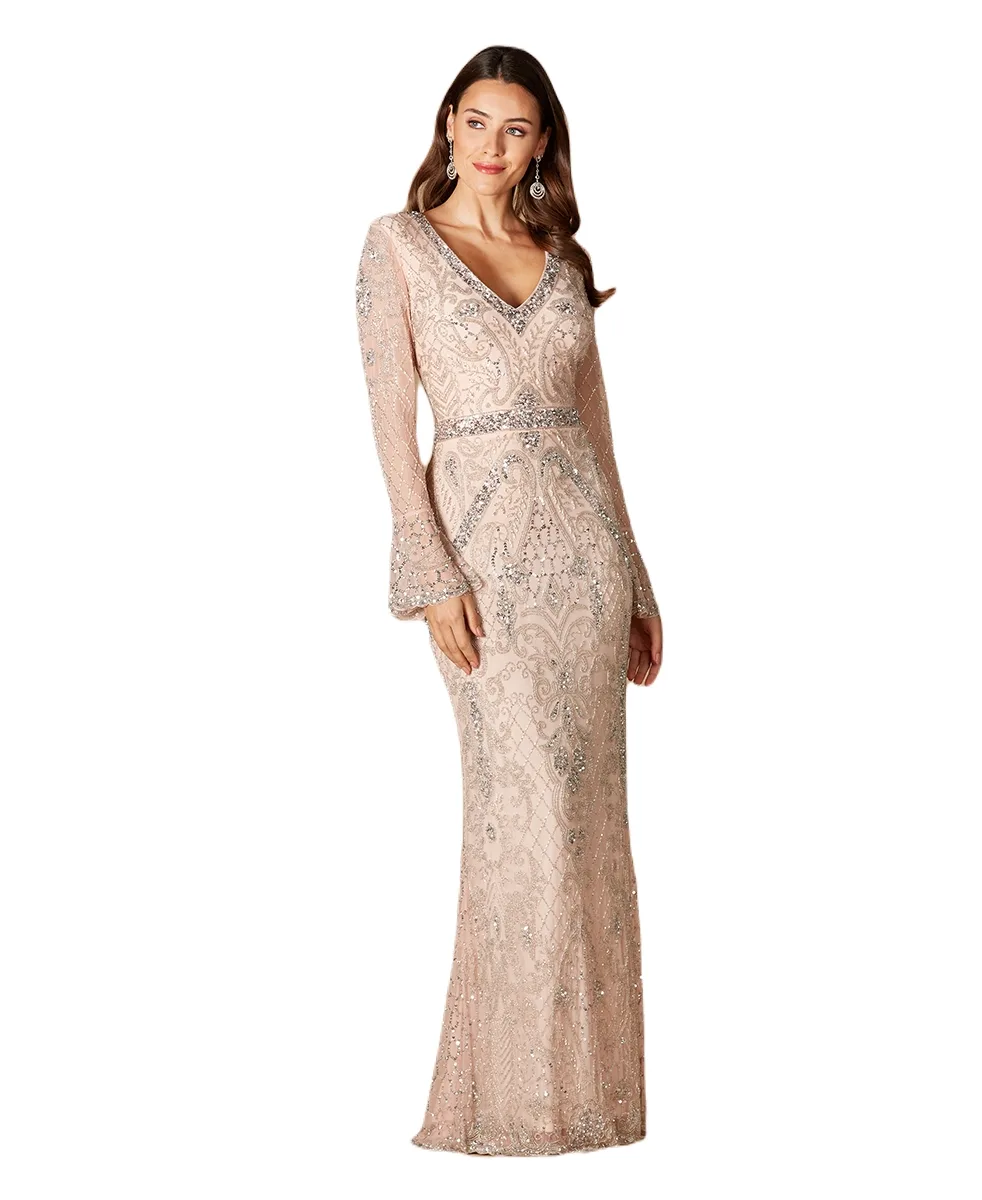 Long Bell Sleeve V-Neck Beaded Gown