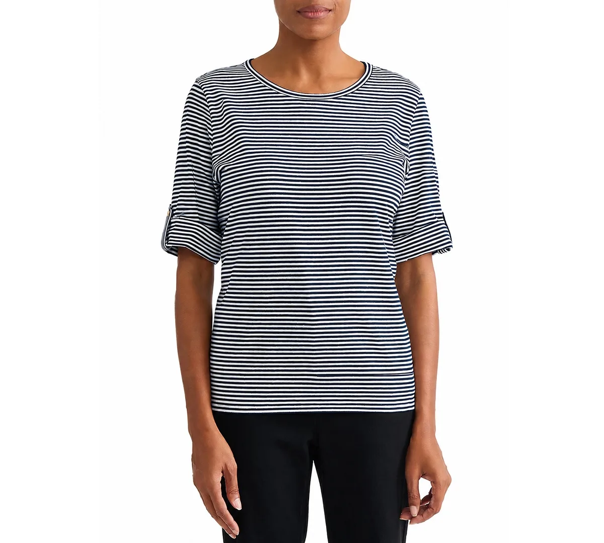 Striped Elbow-Length Roll-Cuff T-Shirt by Jones New York
