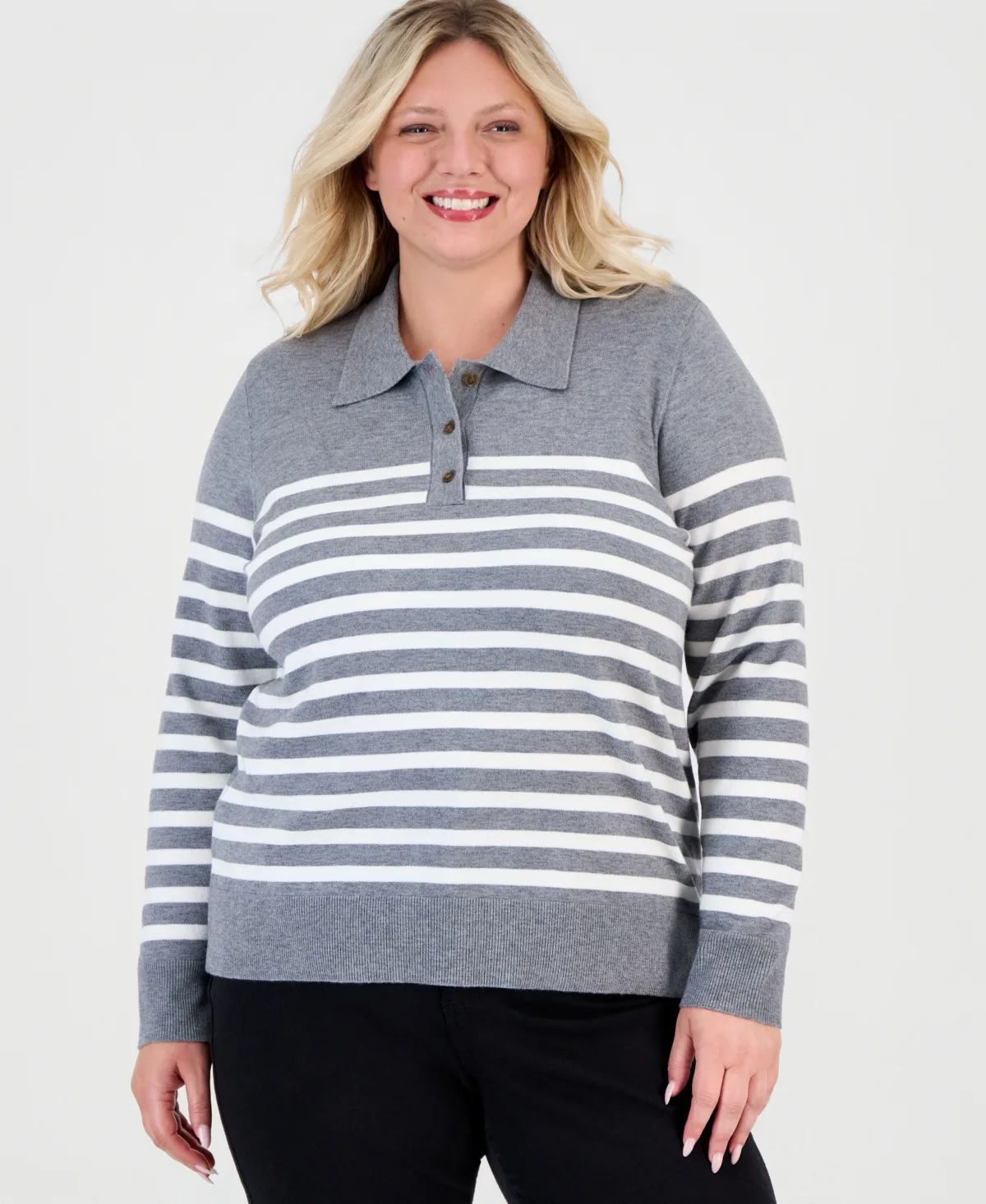 Stripe Long-Sleeve Polo Sweater by Style & Co