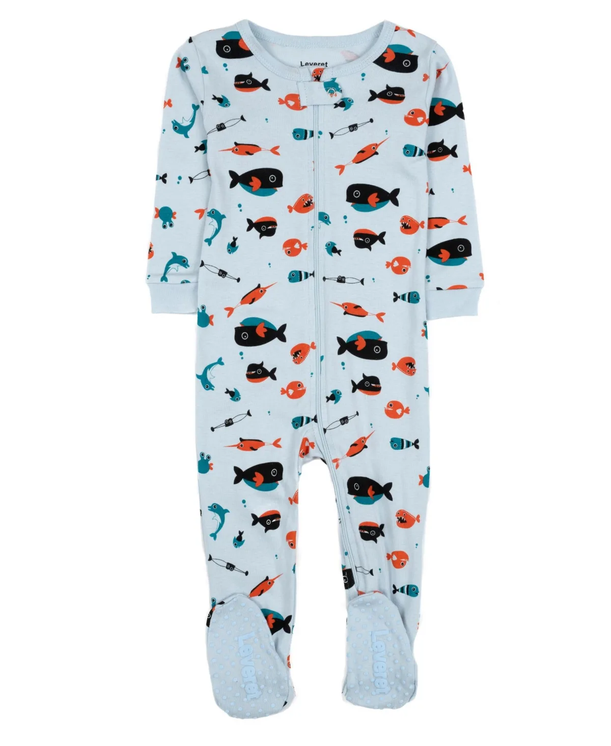 One-Piece Printed Cotton Long Sleeve Footed Pajamas - Sharks by Leveret