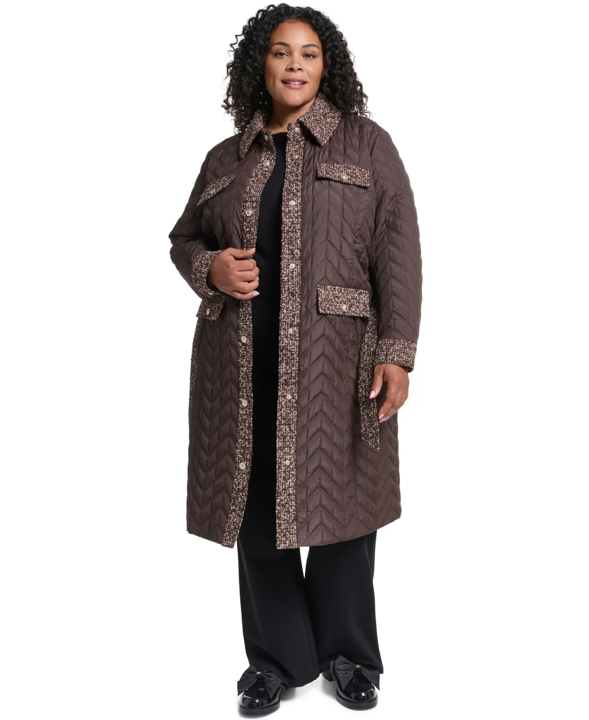 Long Quilted Tweed-Trim Coat by Karl Lagerfeld