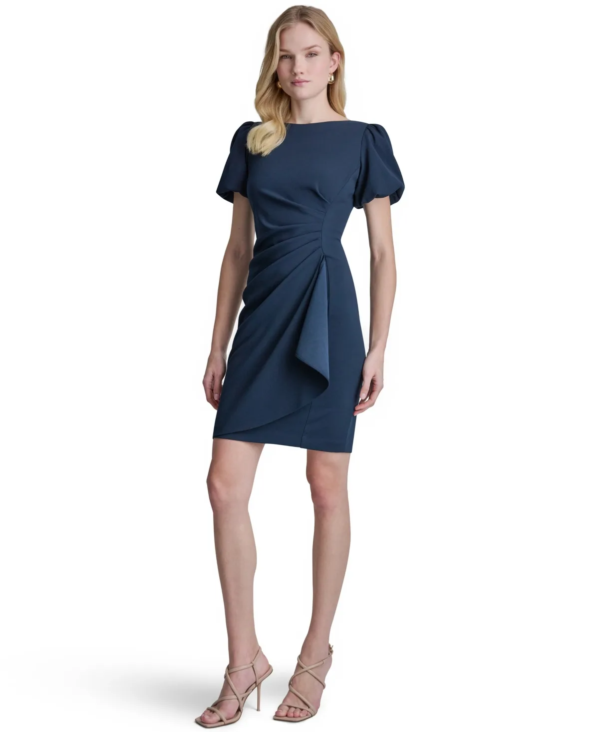 Bubble Sleeve Scuba Crepe Ruched Sheath Dress
