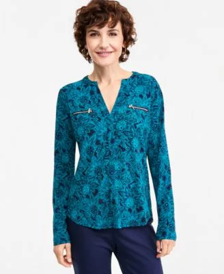 Floral Arrangement V Neck Zipper Pocket Long Sleeve Blouse by JM Collection