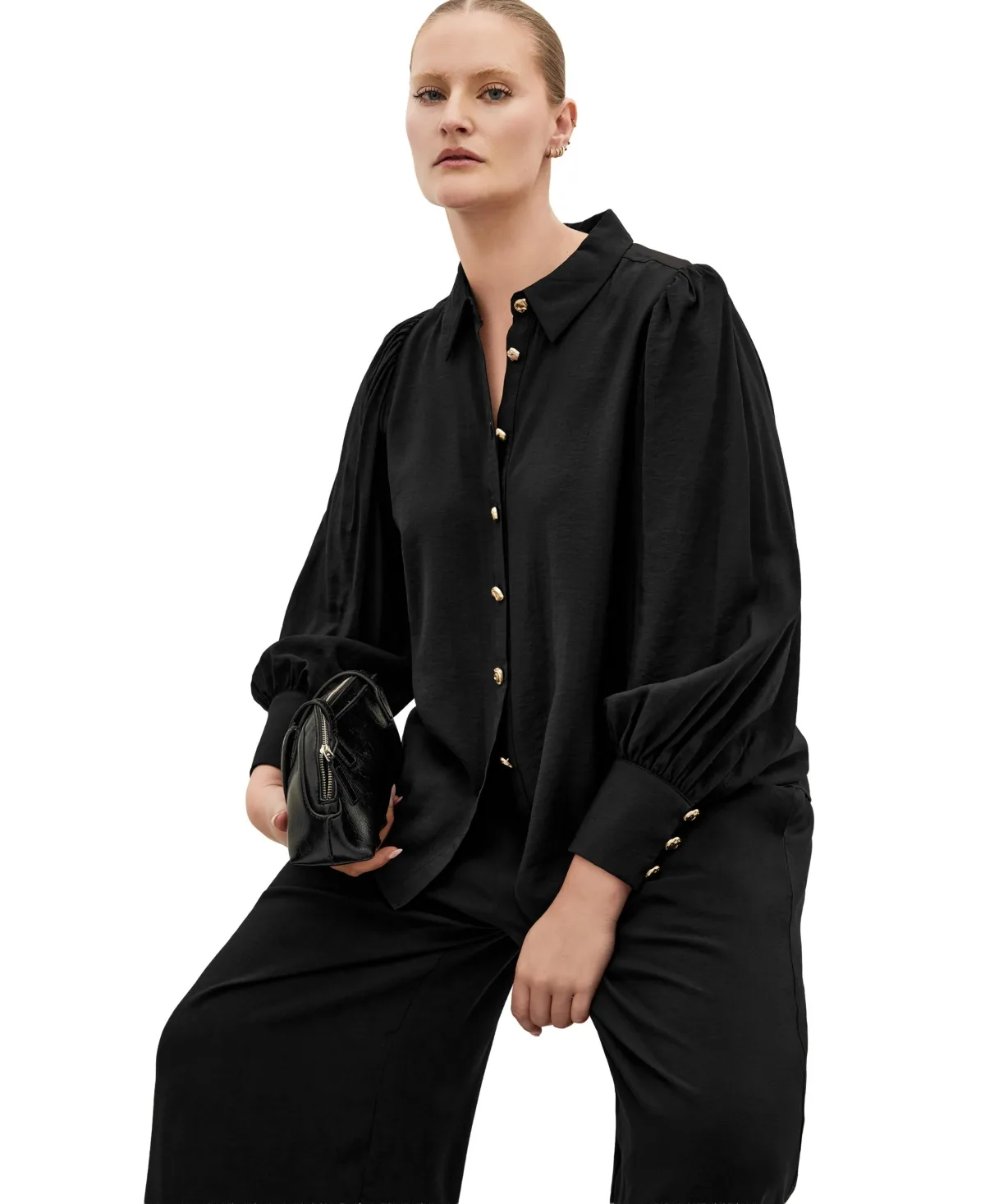 Alana Long-Sleeve Collared Button-Detail Blouse by City Chic