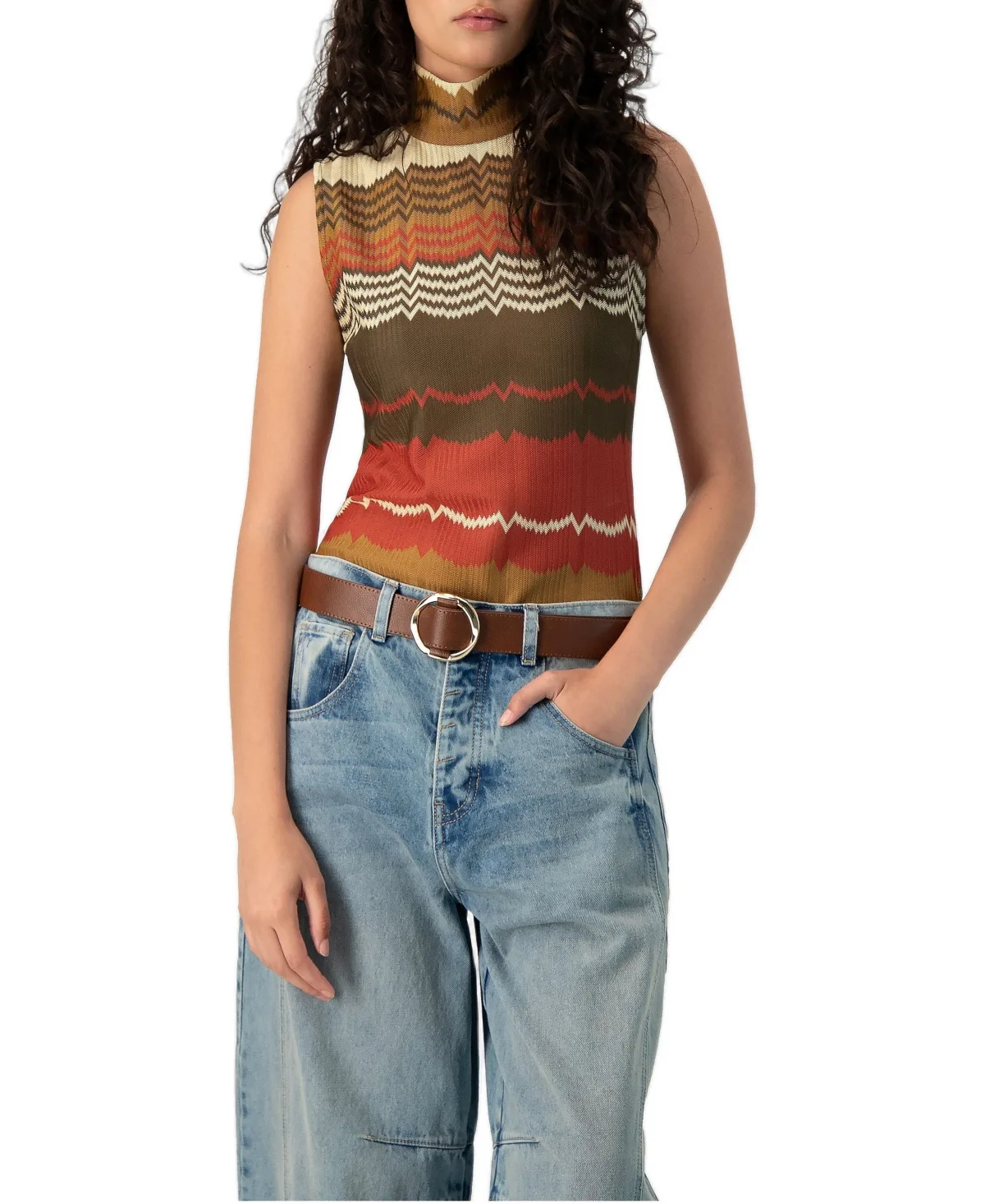 Colorblock Zigzag Knit Mock-Neck Tank Top