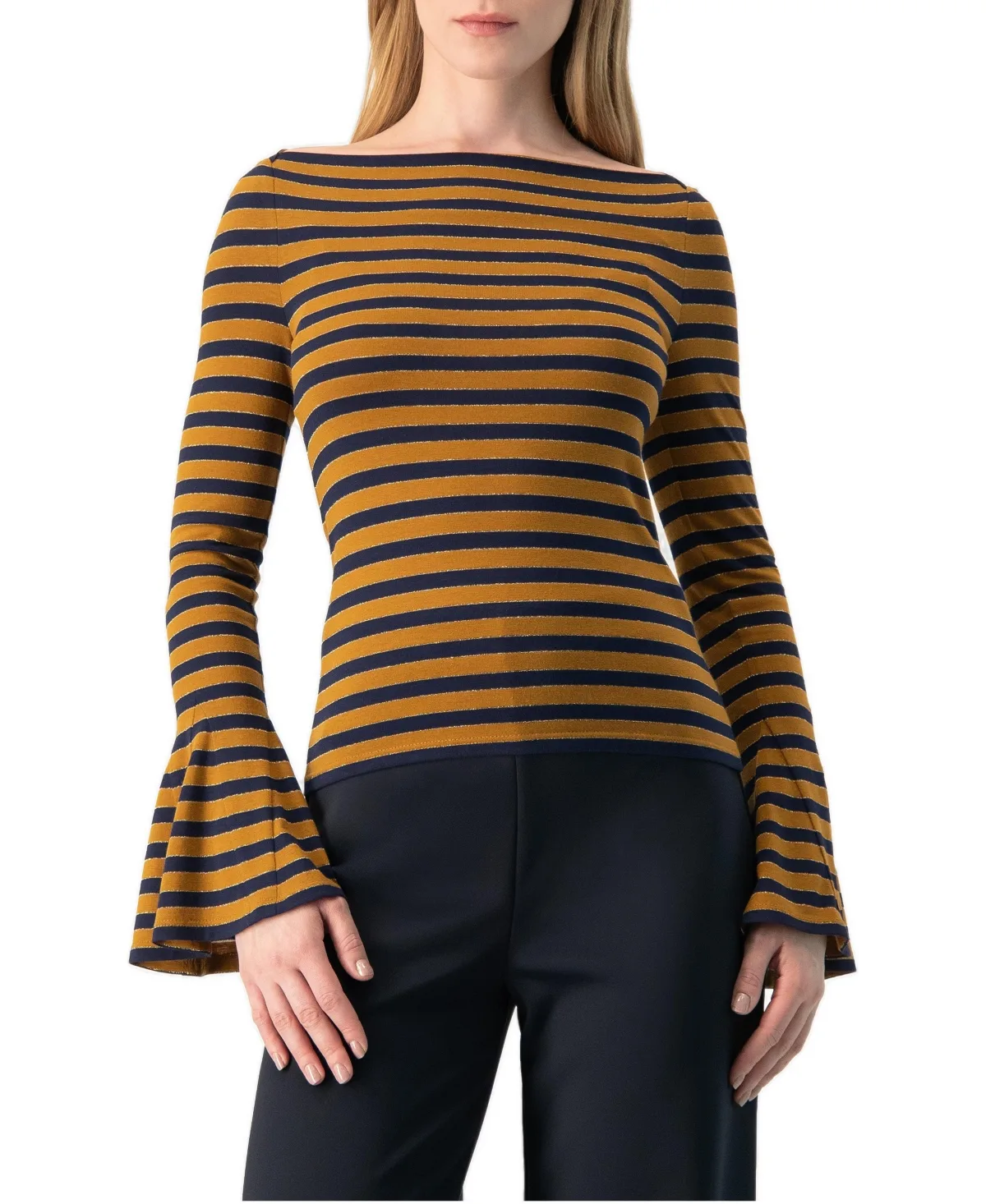Boat-Neck Bell-Sleeve Striped Blouse by Ivonne