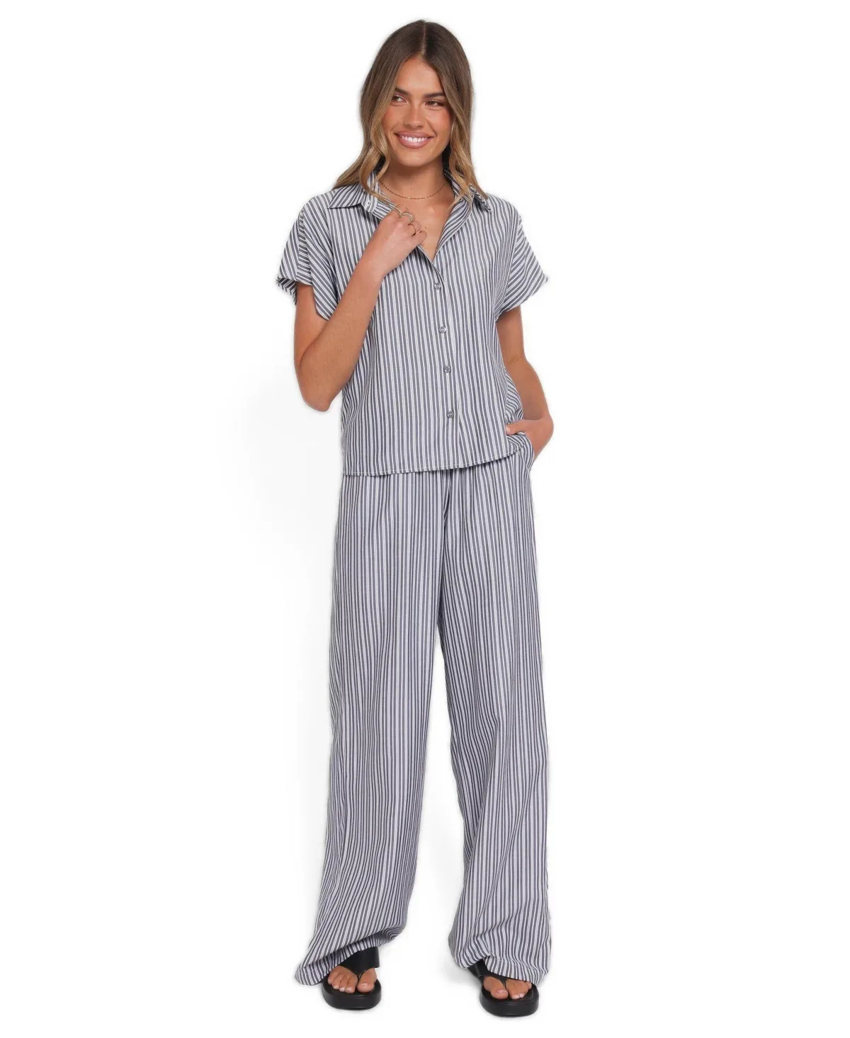 Melanie Striped Wide-Leg Button-Down Shirt and Pants, 2-Piece Set by Petal and Pup