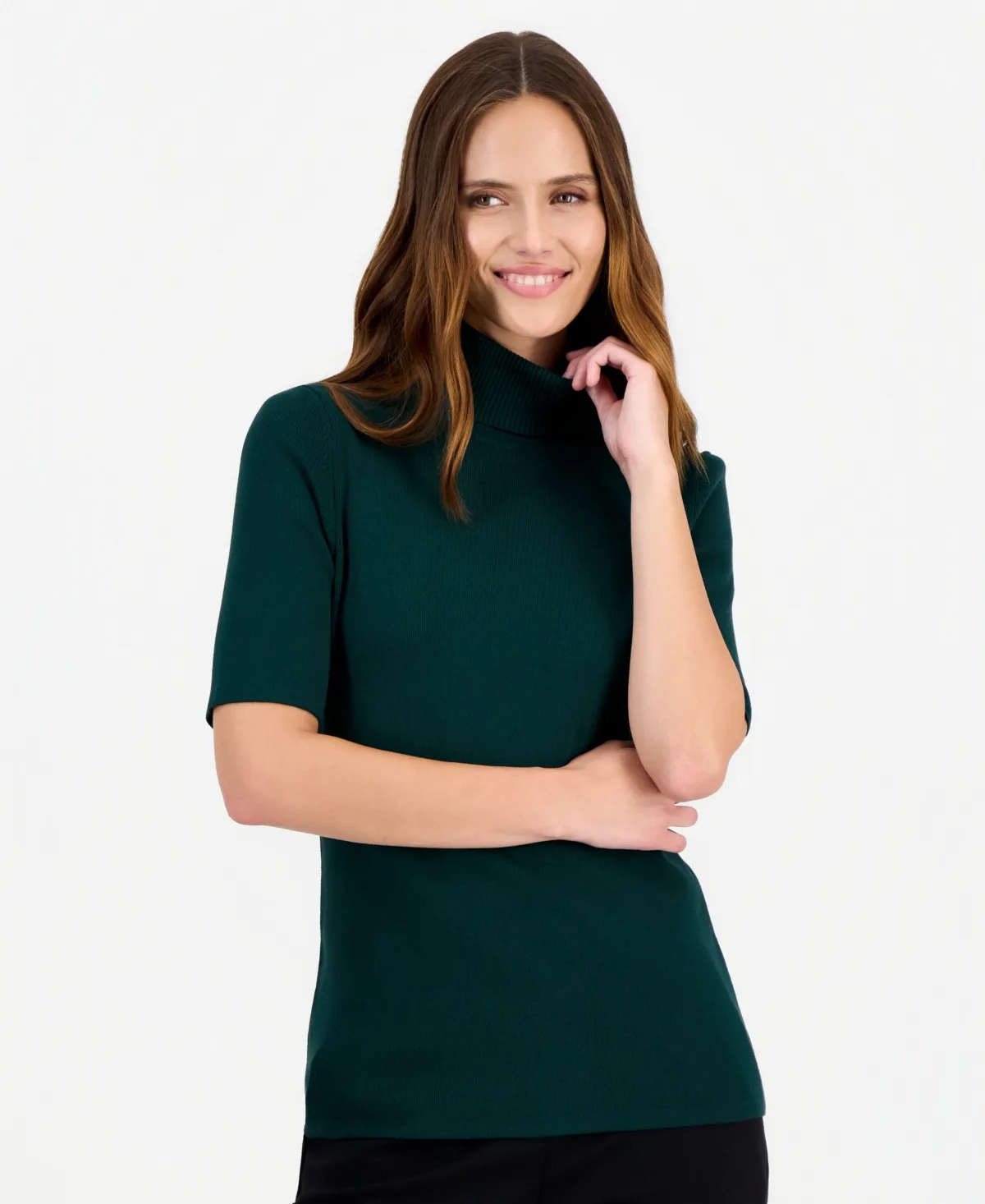 Half-Sleeve Ribbed-Knit Fitted Turtleneck Sweater by Anne Klein