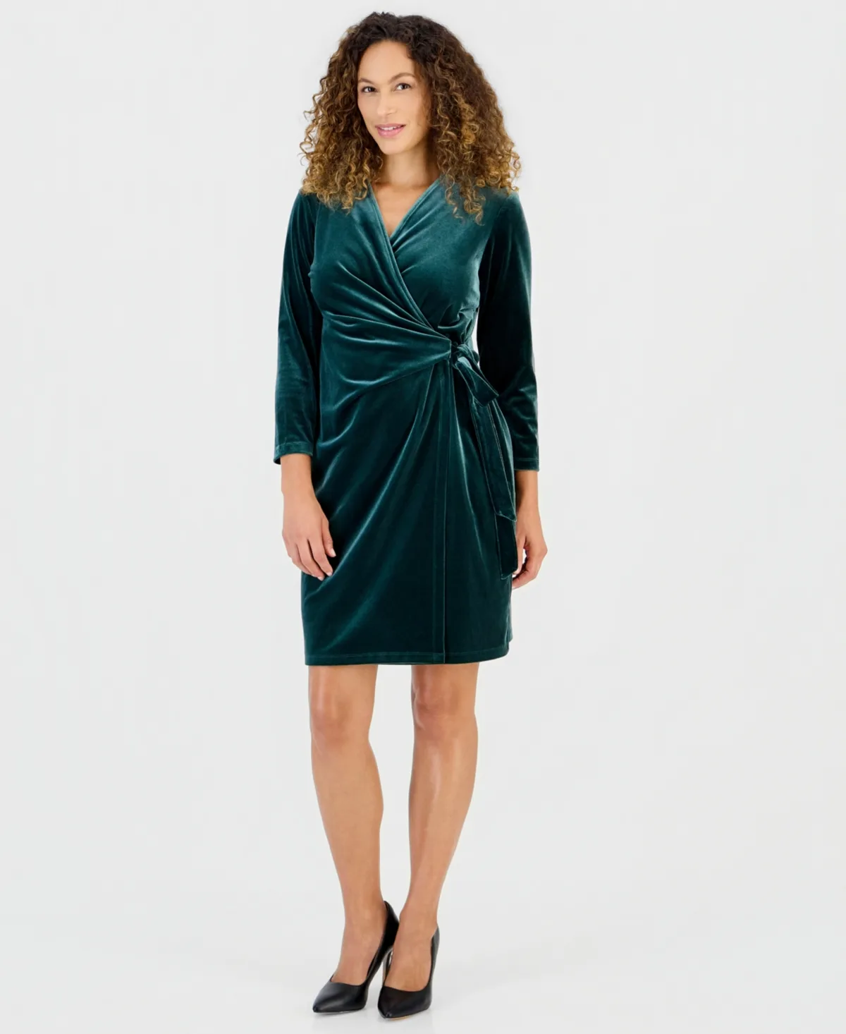 Classic Faux-Wrap Velvet V-Neck Wrap Dress by Anne Klein