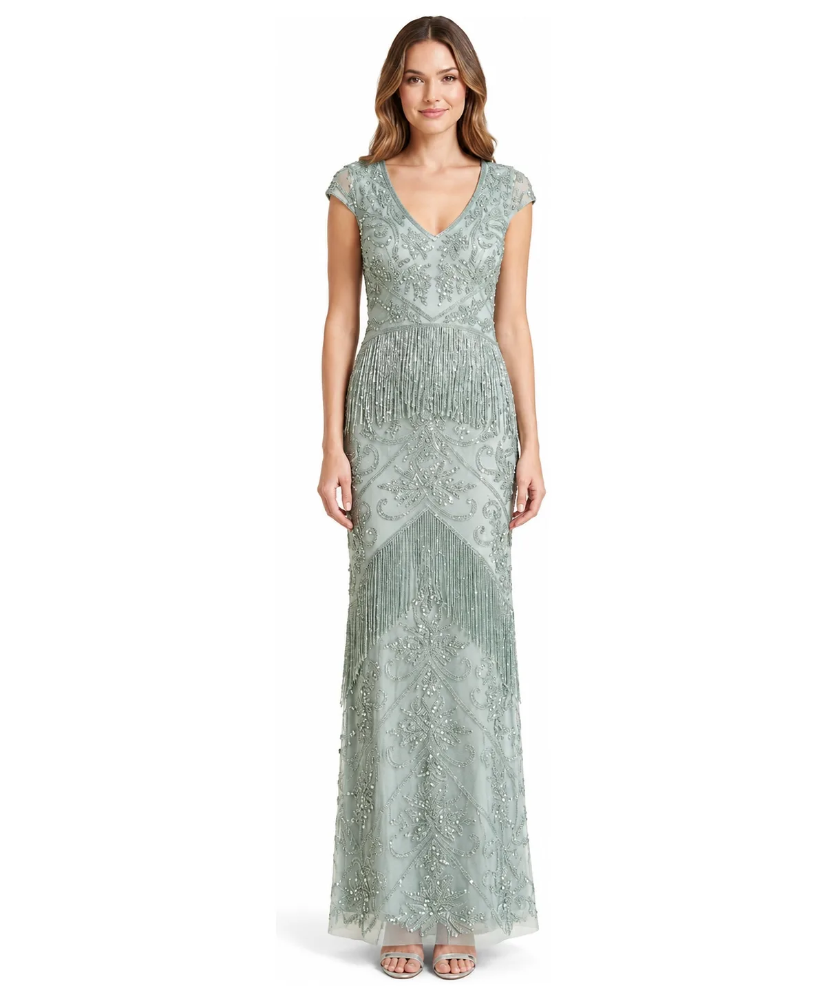 Cap-Sleeve Beaded Fringe Gown