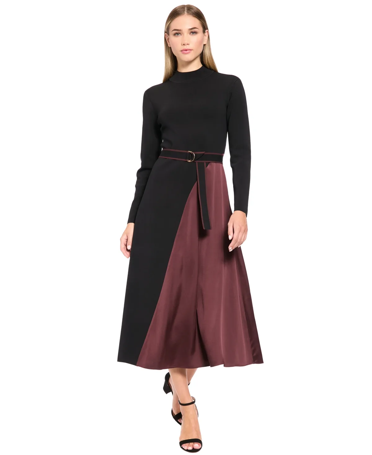 Belted Mock Neck Colorblock Midi Dress