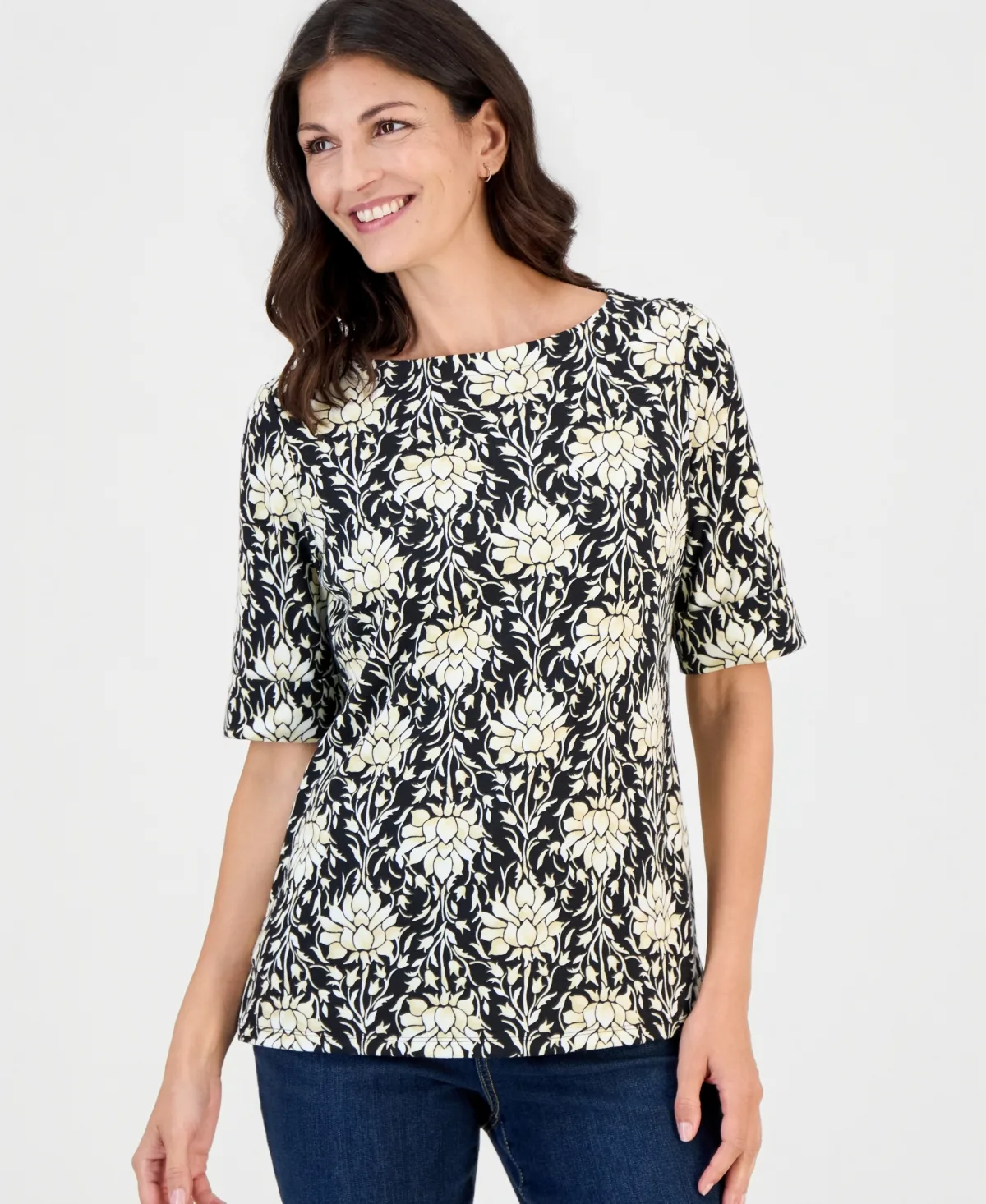 Printed Boat-Neck Elbow-Sleeve Top by Style & Co