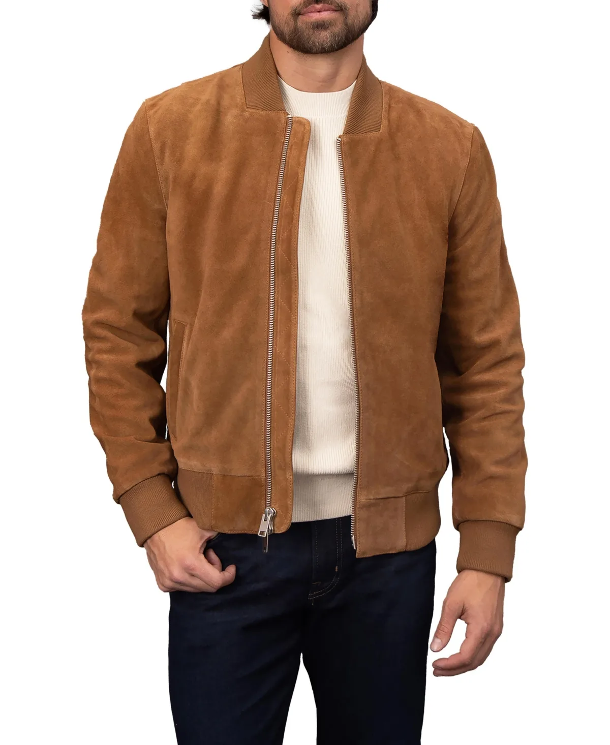 Genuine Suede Angled Rib-Knit Collar Bomber Jacket by Bagatelle