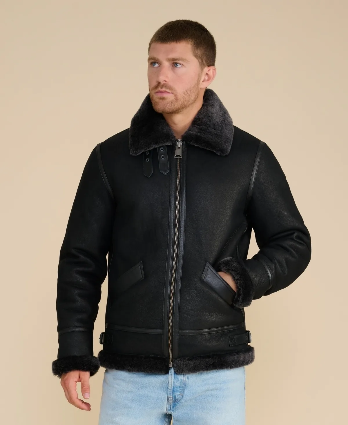 Shearling Aviator Jacket, Washed Brown with Ginger Curly Wool by Furniq UK