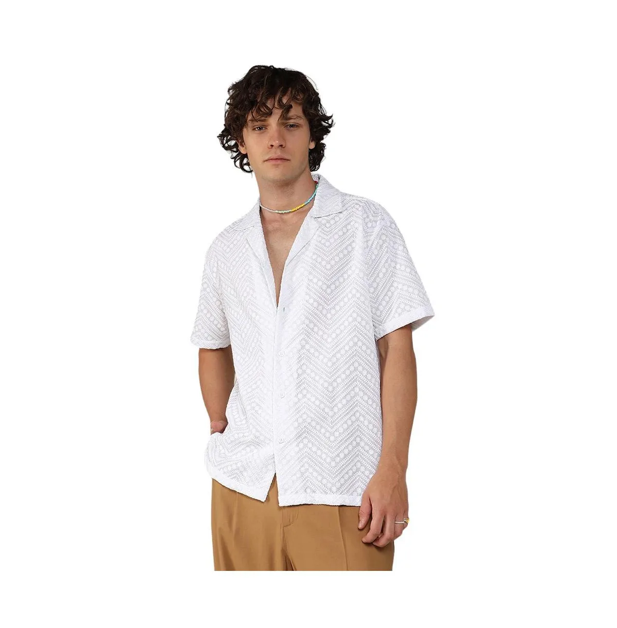 Chalk White Embroidered Zig-Zag Shirt by Campus Sutra