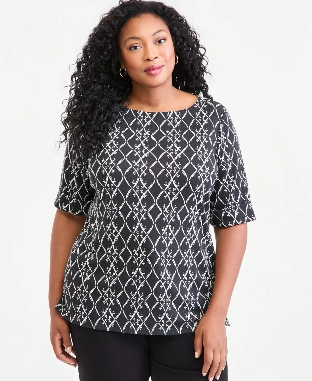 Printed Boat-Neck Elbow Sleeve Top by Style & Co