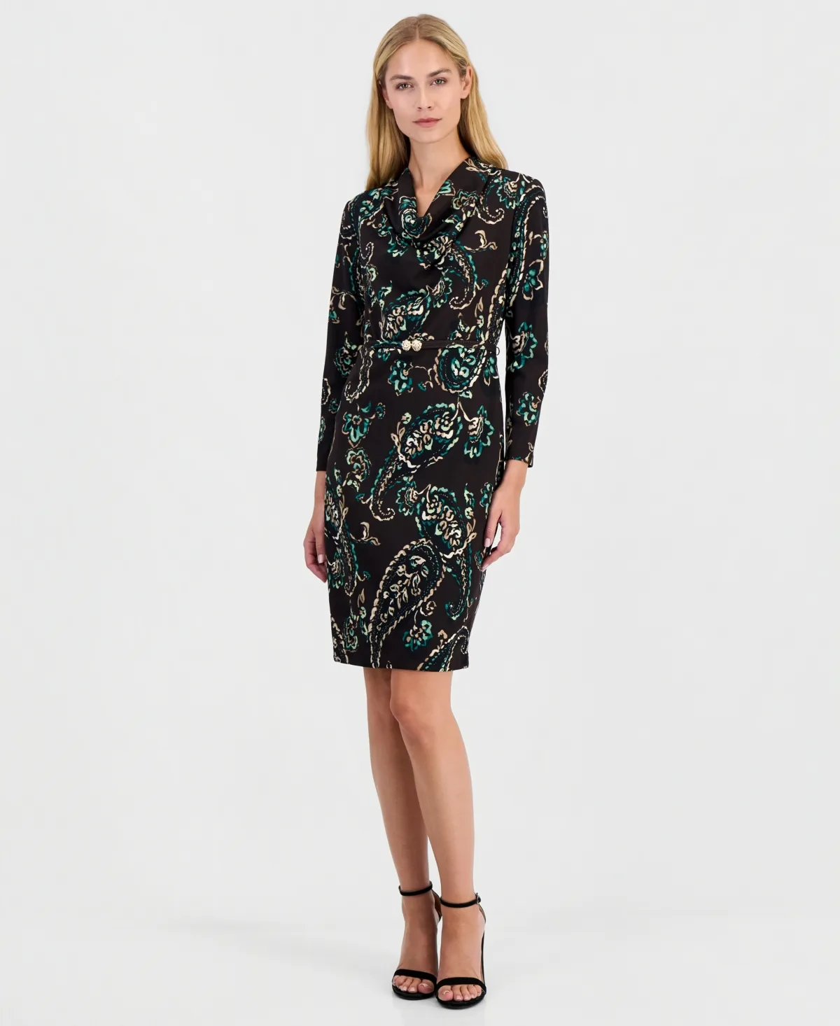 Cowl Neck Sheath Long-Sleeve Paisley-Print Dress