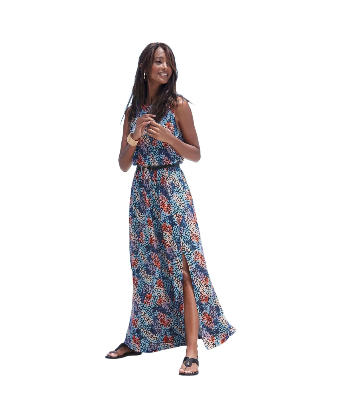 Viscose Printed Side Slit Column Elastic-Waist Maxi Dress by Lascana