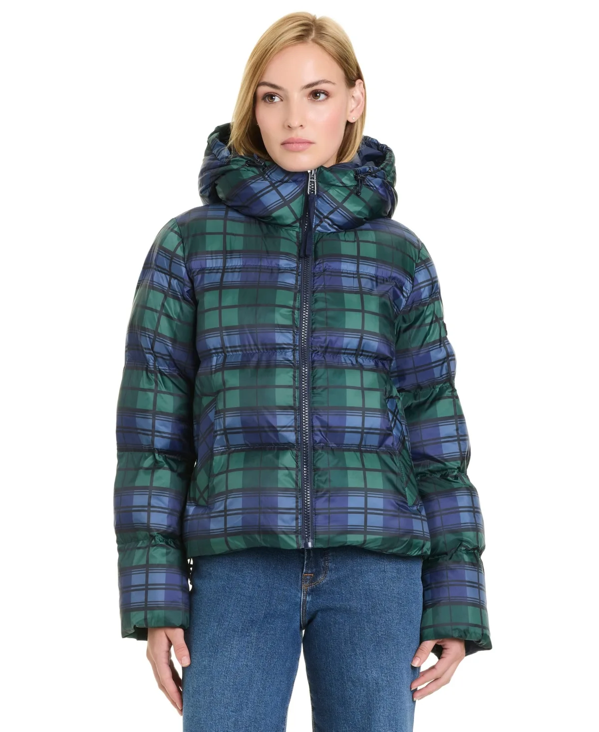 Hooded Plaid Cropped Puffer Jacket by Sanctuary