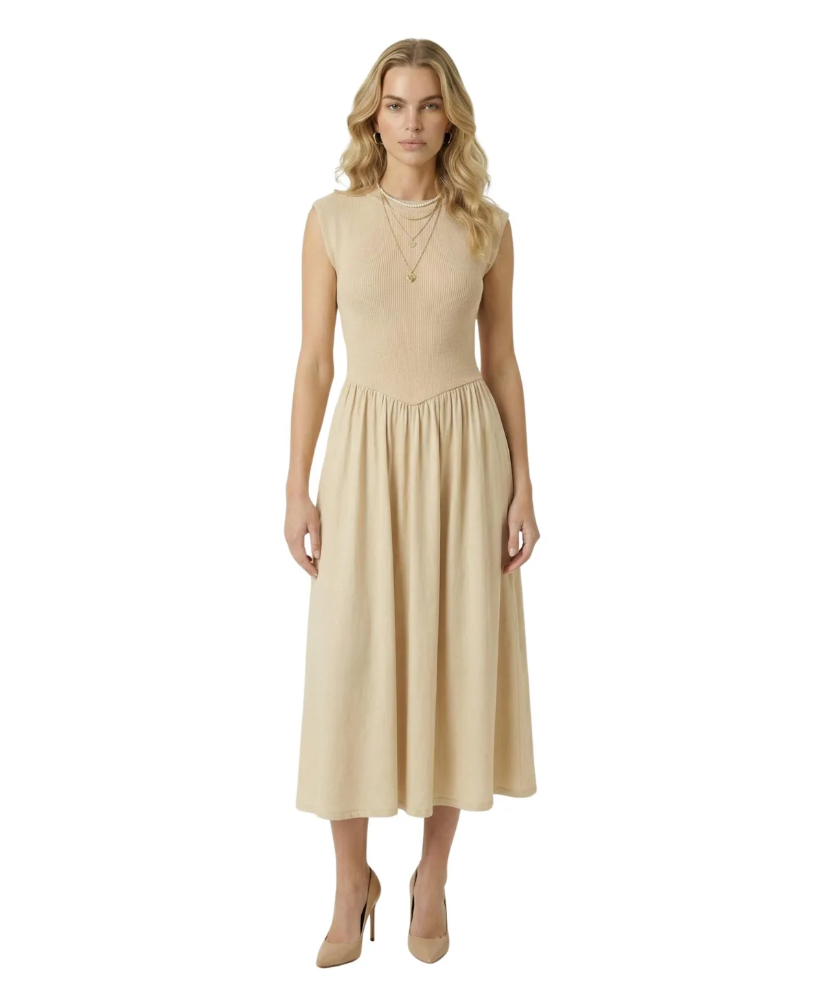 Cap-Sleeve Knit Bodice Midi Dress