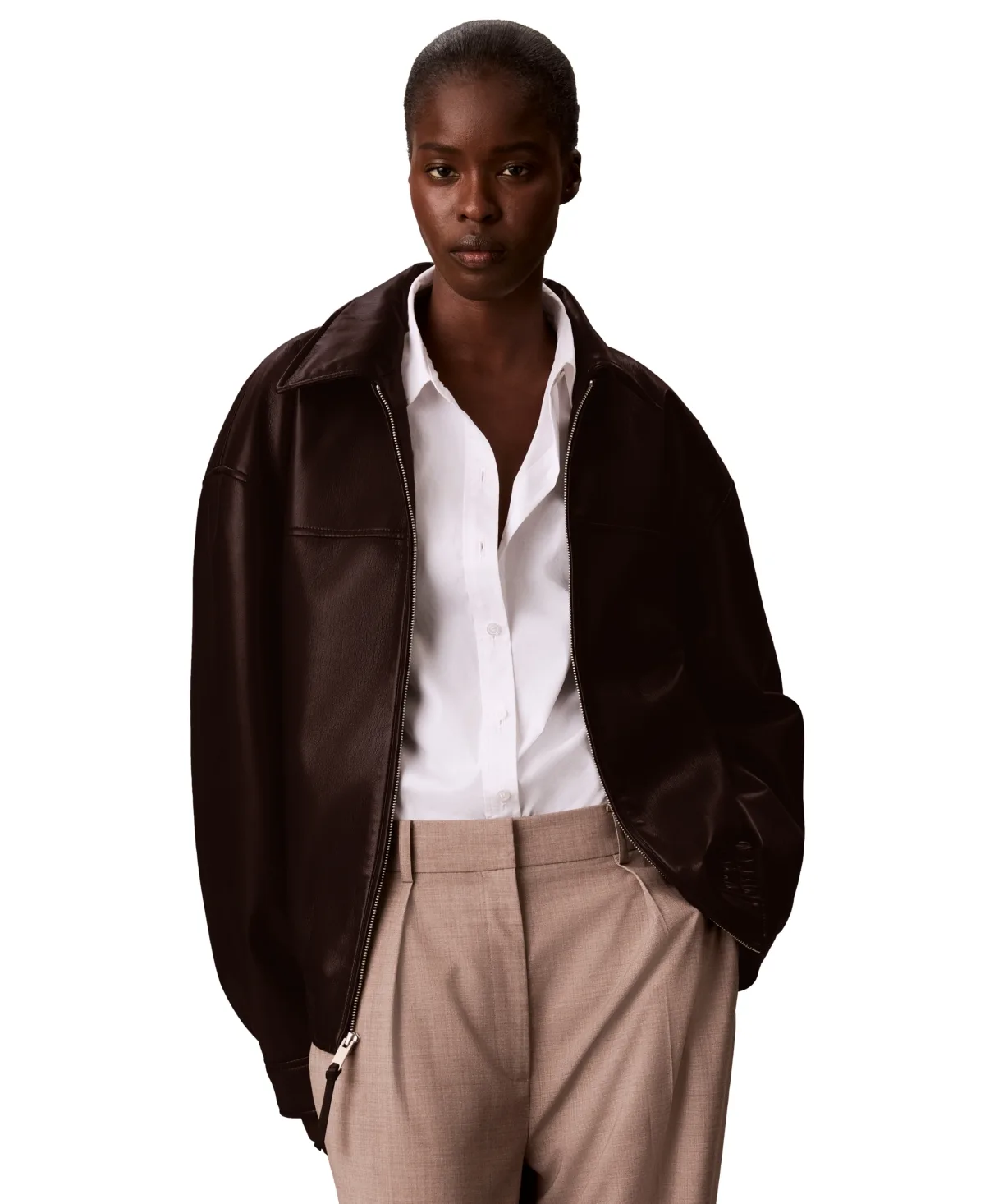 Collared Faux Leather Bomber Jacket