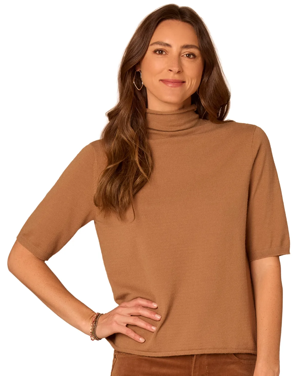 Draped Mock-Neck Short-Sleeve Sweater