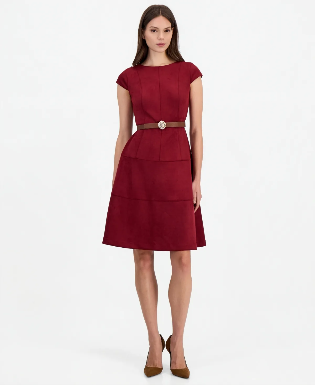 Heritage A-Line Boat Neck Belted Suede Dress by Anne Klein