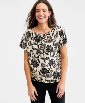 Printed Boatneck Banded Bottom Knit Top by JM Collection