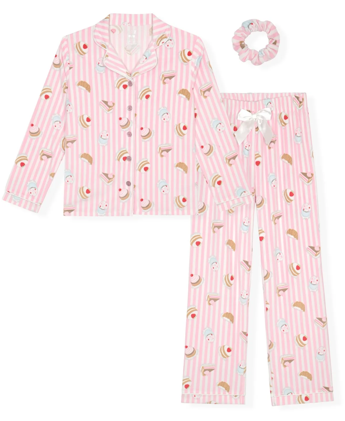 Long-Sleeve Milky Print Pajama and Scrunchie, 3-Piece Set by Max & Olivia