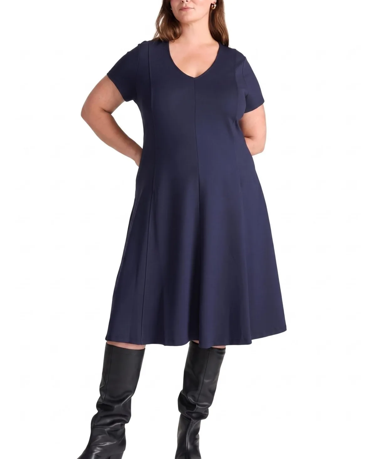 Lucinda V-Neck Fit-and-Flare Ponte Midi Dress by Universal Standard