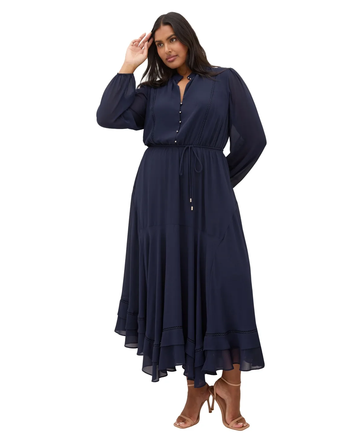 Yasmin Long-Sleeve Chiffon Ruffle Maxi Dress by City Chic