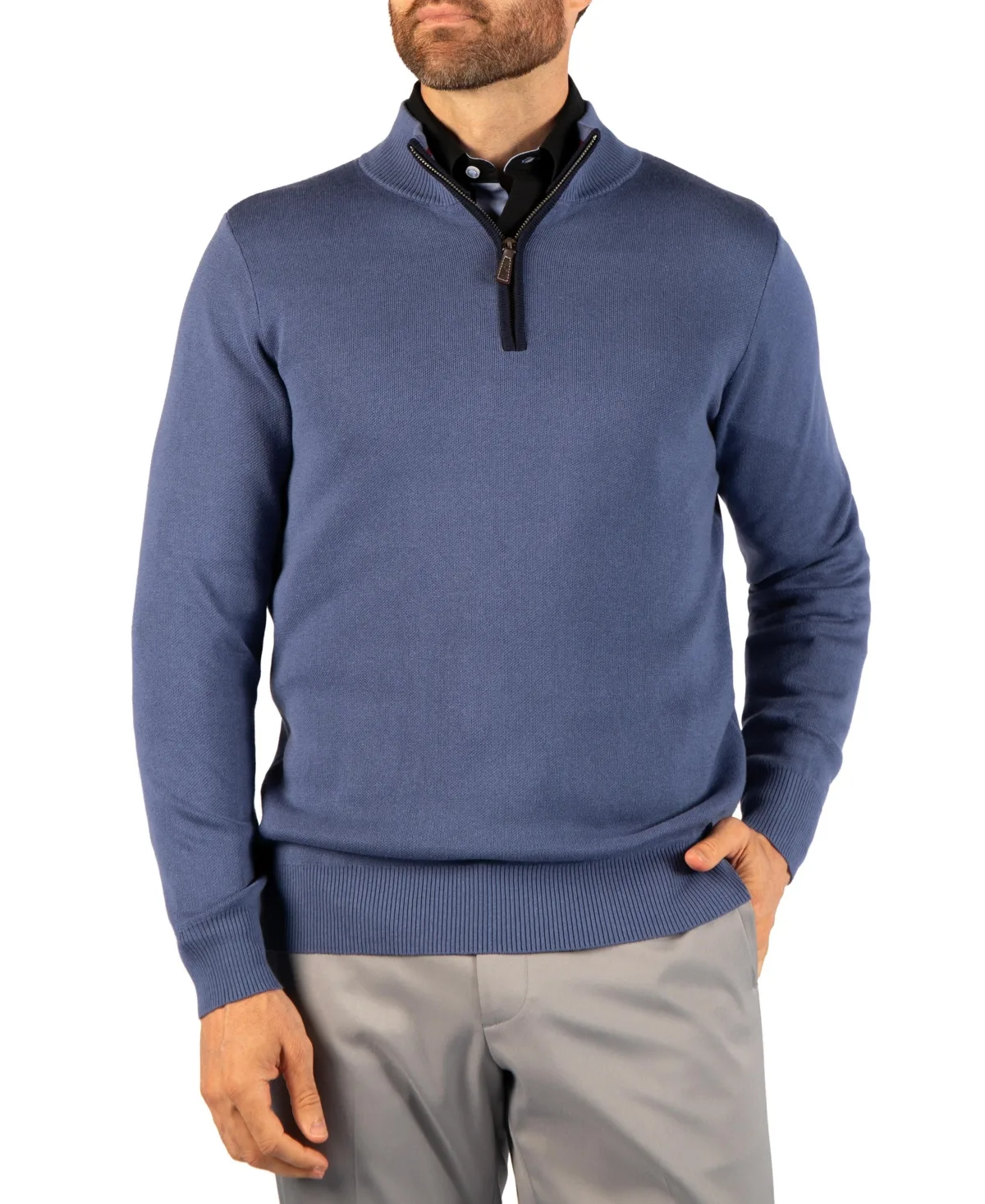 Fine-Knit Mock-Neck Quarter-Zip Sweater with Contrast Tipping by Tailorbyrd