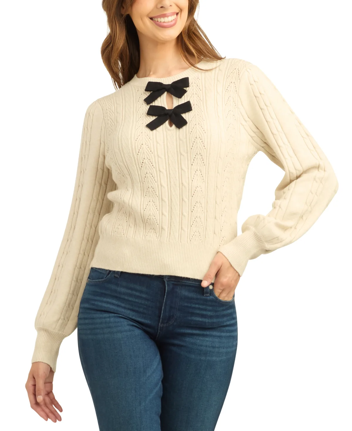 Cable-Knit Balloon-Sleeve Pullover Sweater by Bcx