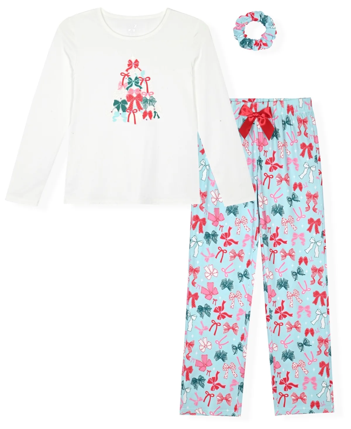 Rib Top, Milky Print Pants and Matching Scrunchie, 3-Piece Pajama Set by Max & Olivia