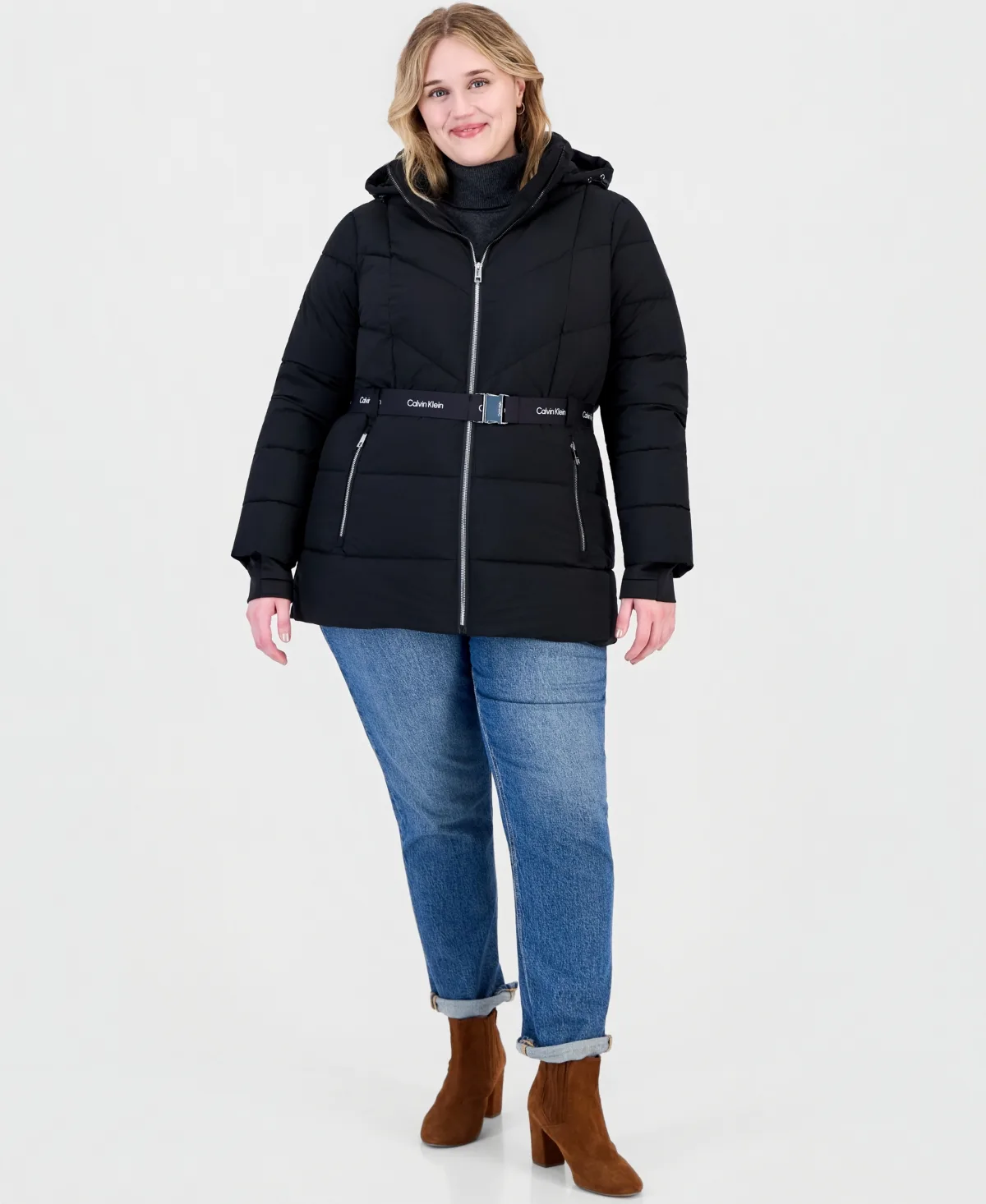 Hooded Belted Thumbhole Puffer Coat by Calvin Klein